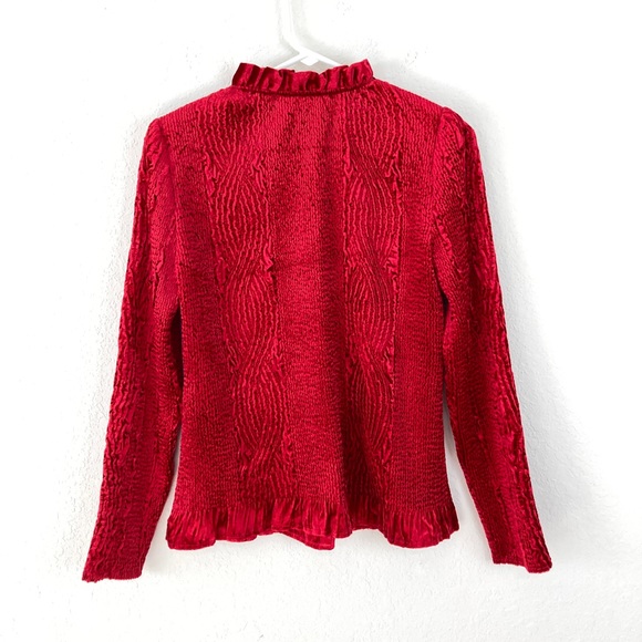 Chicos Red Velvet Jacket Size 0 Small 6-8 Ruffle Neck & Hem Stretch Evening - Picture 4 of 6